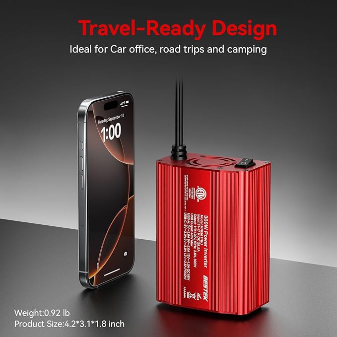 BESTEK 300W Car Power Inverter - DC 12V to 110V AC Car Plug Adapter with 30W USB-C & 18W USB-A Dual AC Outlet, Fast Car Charger Adapter for Laptop, Vehicles, Road Trip Essentials