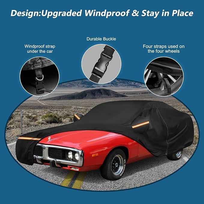 Car Cover for Dodge Charger 1968-1974, Waterproof 210D Oxford Cloth and Cotton Cover Outdoor Full Car Covers with Zipper Windproof Heavy Duty All Weather with Wind, Sun, UV and Dust Protectio