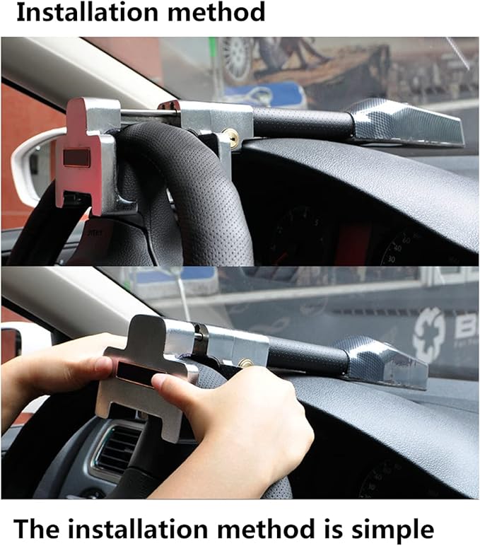 Amorin Steering Wheel Lock with Alarm and Light, Car Security Products Anti-Theft Device, Heavy Duty Car Theft Prevention Lock Bar for Car SUV Black + Silver