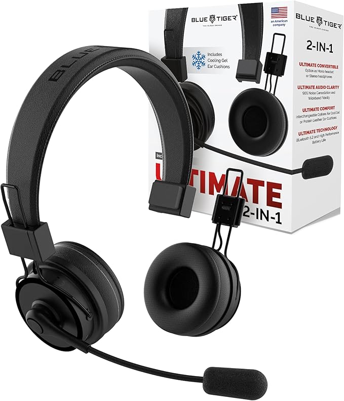 Blue Tiger Premium Elite Ultimate Single and Dual Ear 2-in-1 Bluetooth Headset – Professional Noise Cancellation Head Set with Microphone – USB-C Fast Charge & Long Battery Life