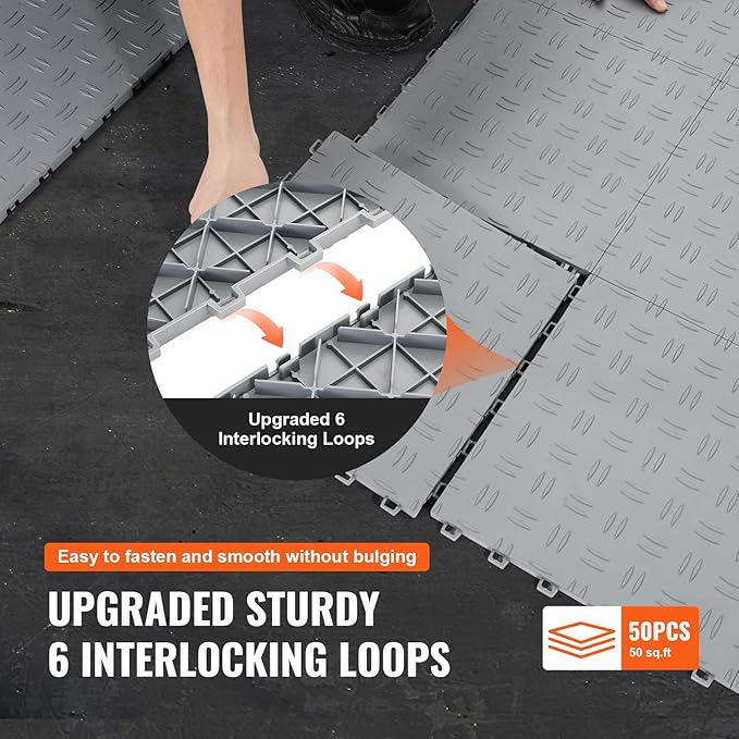 VEVOR Garage Tiles Interlocking, 12 x 12 x 0.53 inch 50 Pack Garage Floor Covering Tiles, Non-Slip Double-Sided Texture Garage Flooring Tiles, for Garages, Basements, Repair Shops, Silver
