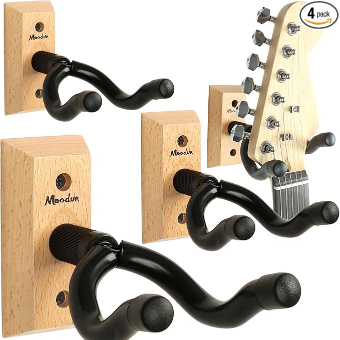 Guitar Wall Mount Hanger, 4-Pack Real Hardwood Guitar Hanger for Wall, Guitar Hook Holder Stand for Bass Electric Acoustic Guitar Ukulele (Beech Wood)