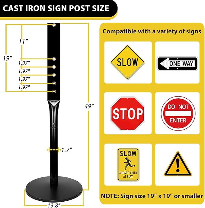 Parking Sign Post with Base - 20 Lbs Heavy Duty Parking Sign Stand for Hanging Traffic Construction Street Warning Notice, Movable Black Cast Iron Base Stand for Outdoor Use, 1 Pack
