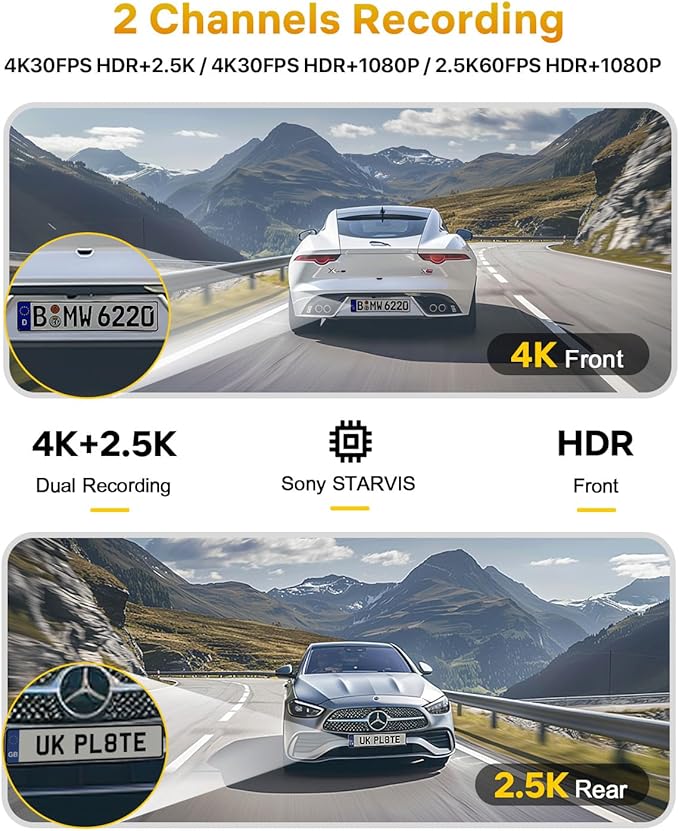GKU Dash Cam Front and Rear, 4K 60fps＋2.5K Dashcam,STARVIS Sensor, HDR, 5G WiFi GPS, 24H Parking Mode, Night Vision, 170°Wide Angle, Dash Camera for Cars with 1.47 Display, 64G SDcard (Black)