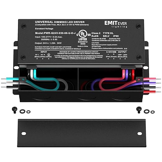 EMITEVER 30W Dimmable LED Driver, 24V Triac Dimmable Power Supply, AC to DC Transformer for LED Light, Compatible with Lutron and Leviton Dimmer, Waterproof IP67 and UL Listed, Class 2