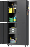 71" H Metal Tool Storage Cabinet with Lock and Wheels, Heavy Duty Garage Cabinet with 4 Doors and 2 Adjustable Shelves, Tool Organizer with Pegboard for Garage, Warehouse(Black, 71" H)