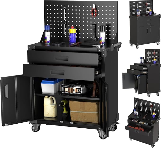 Black Tool Cart with Pegboard and 4 Hooks,Garage Storage Cabinet on Wheels with 2 Drawer,Industrial Service Utility Tool Cart for Mechanics, Garage, Workshop