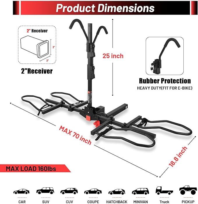 FORWODE Hitch Mount Bike Rack Fits 2 X 80 lbs Bicycle, Platform Bike Rack for Car SUV Truck, Qucik Released, Foldable Wobble Free, Locking Hitch,Fat and Standard, 2 Inch Receiver