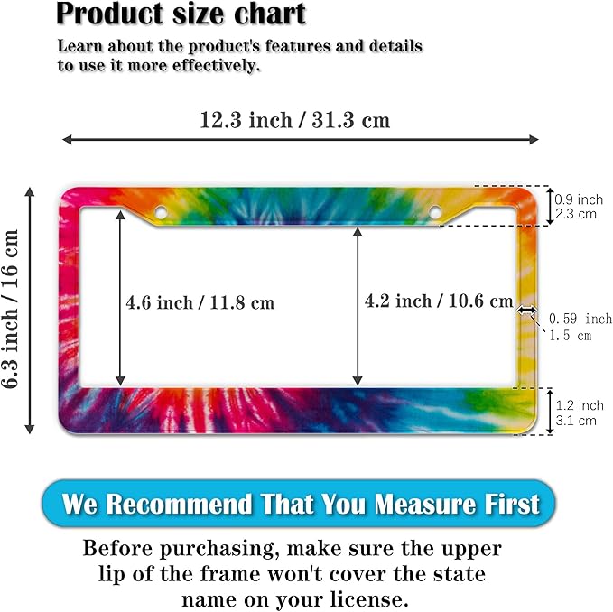 License Plate Frames for Men Rainbow License Plate Frame for Women Novelty Tie Dye Painting Aluminum Metal Car Accessory 2 Pack with Screw Covers Set