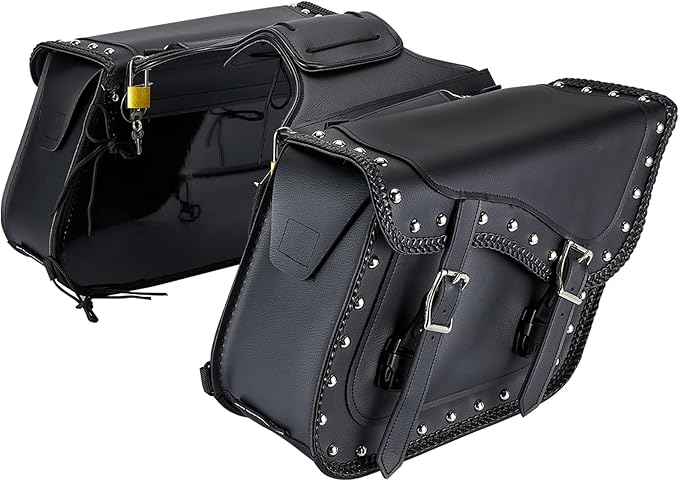 Dream Apparel Naked Cowhide Leather Motorcycle Saddle Bags Studded Throw Over Saddlebags, Motorcycle Side Bags for Honda Shadow Sportster Softail Dyna V-star (Black, With Studs)