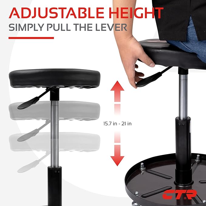 CTR Rolling Mechanic Shop Stool with Magnetic Tool Tray, Heavy Duty Work Stool, Adjustable Garage & Workbench Stool with Wheels, Creeper Seat Shop Chair
