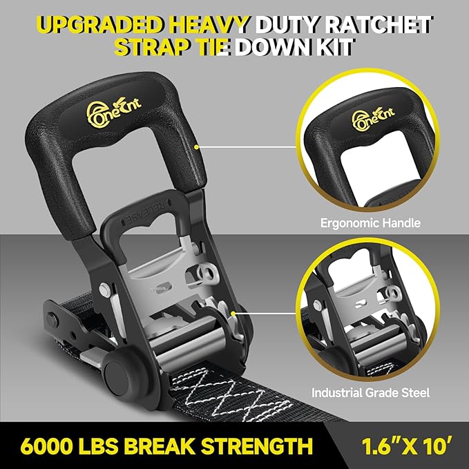 4Pcs Ratchet Strap Tie Down Kit | 1.6”x 10FT Heavy Duty Ratchet Straps with Padded Handles+Coated S Hooks+Soft Loop Tie-Downs -6000 Pound Break Strength