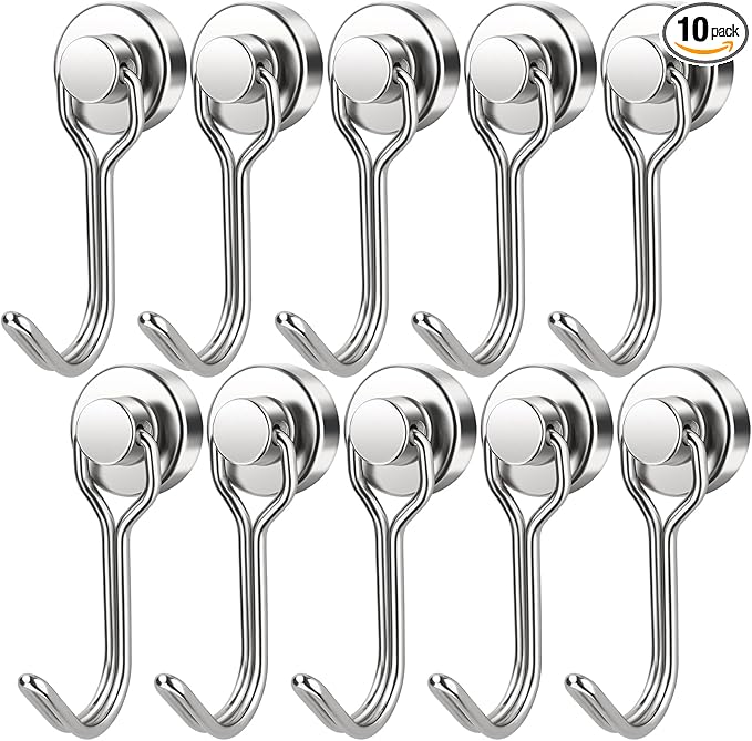 FINDMAG Magnetic Hooks, 30lbs+ Magnet Hooks 2025 Cruise Ship Essentials, Strong Magnetic Hooks for Fridge, Magnetic Hanger for Garage, Whiteboard, Office Supplies, Kitchen Organization, 10 Pack