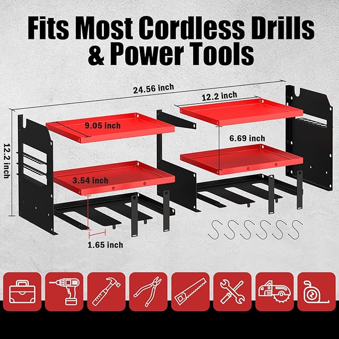 Power Tool Organizer Wall Mount with 6 Drill Holders, Heavy Duty Metal Utility Racks with Large Top Shelf & Side Hooks, Efficient and Organized Storage for Garage, Workshop, Shed, Pegboard