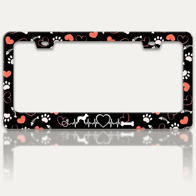 Dog Paw Prints License Plate Frame Dog Lover License Plate Holders Funny Stainless Steel Auto Accessory Bracket 2 Hole with Screws Universal Us Car License Plate Frames 6x12 Inch for Women Men
