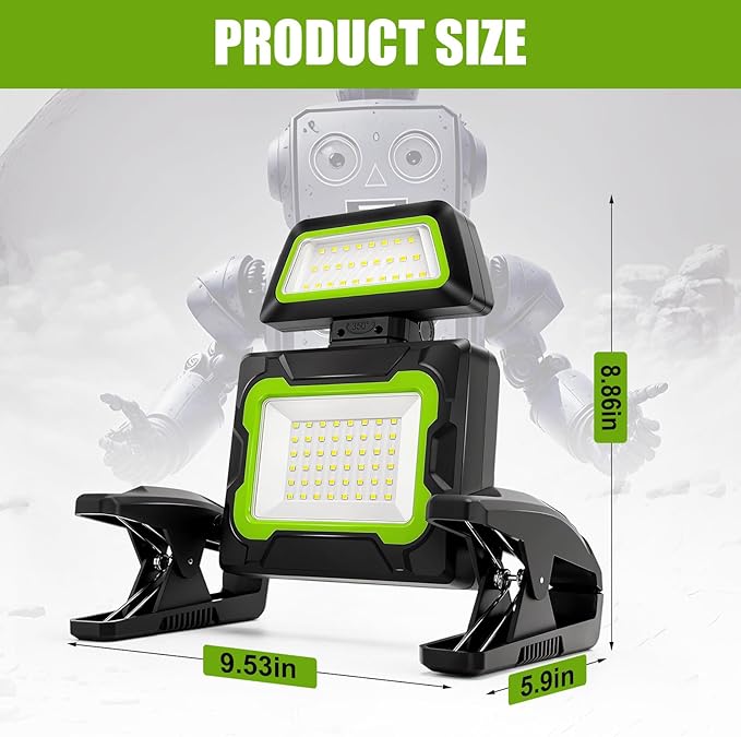 Rechargeable Work Light with Clamp, 3000 Lumen Magnetic Work Light Battery Powered with 5 Light Modes, 350° Rotation, Portable Job Site Lighting for Construction Site, Workshop, Car Repairing