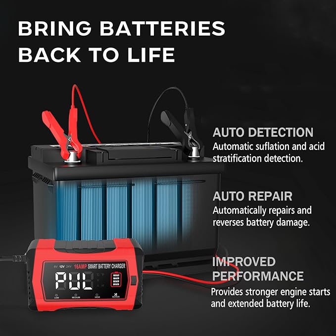 16-Amp 24V/12V/6V Portable Car Battery Charger,Smart LiFePO4 Lithium Lead-Acid Battery Charger,Trickle Charger,Maintainer w/Temperature Compensation for Motorcycles Boats ATVs Lawn Mowers