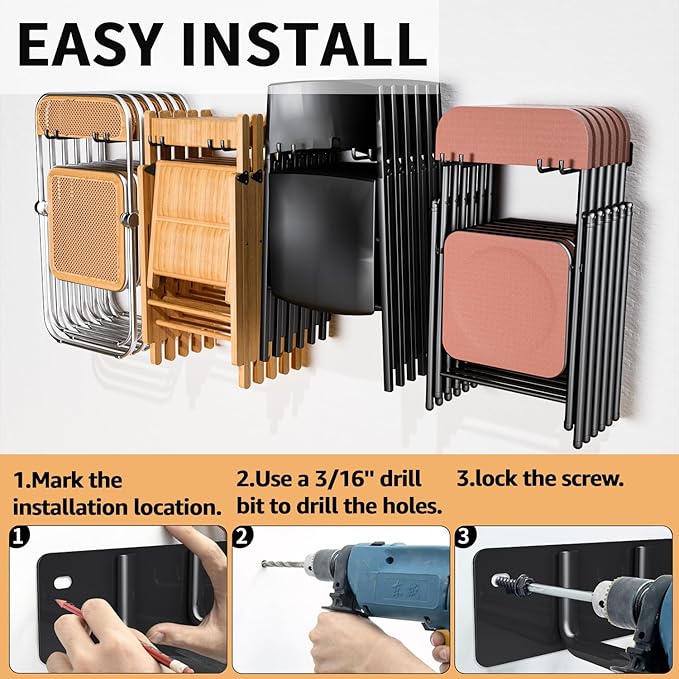 YYR Folding Chair Storage Rack, Garden Tool & Foldable Chairs Organizer Hangers for Garage Organization, Lawn, Beach, Camping, Yard Chairs Hooks Wall Mount, Soild Metal Max Load 480 LBS - 4 Pack