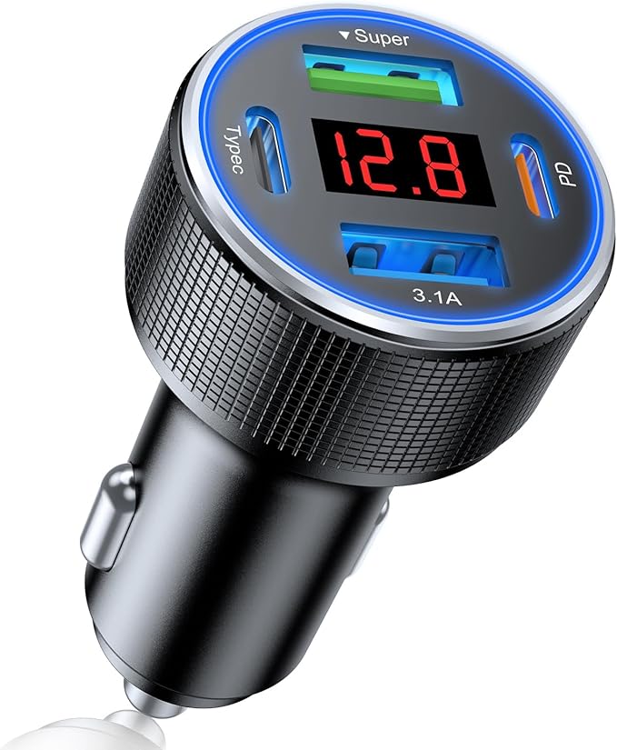 USB C Car Charger, 4 Port 78W Dual USB Car Charger Adapter Fast Charging Multi Port Cigarette Lighter Adapter with Voltmeter Type C Phone Car Accessories for iPhone 16/15/14/13, Samsung Galaxy, iPad