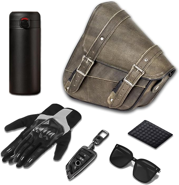 GARGOYLE BELLS Premium Naked Leather Swing Arm Bag For Motorcycle Left Side Solo Bags Saddle Bags For Softails Choppers (Style-1, Brown)