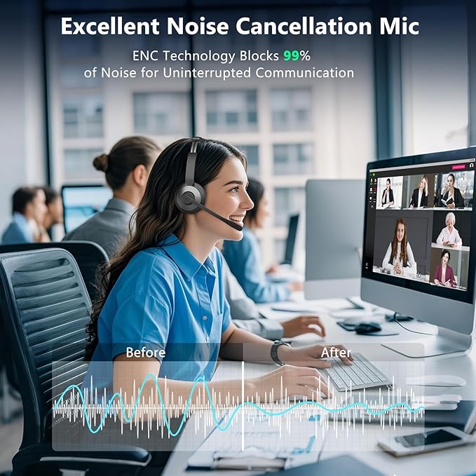 Bluetooth 5.3 Headset, Wireless Headset with Mic for Work, Wireless Headphones with Mic Noise Cancelling & USB Dongle, 26H Working Time & Mute Function, Fit for PC/Laptop/Office/Call Center/Zoom/Home