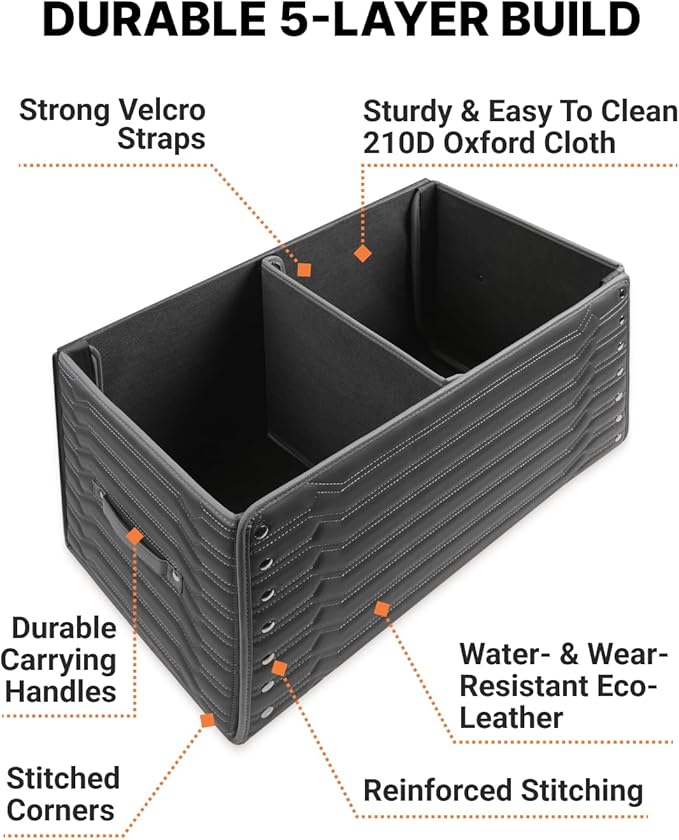 Trunk Storage 17.7" Collapsible Crate For Groceries, Tools & Travel Gear - Eco-Leather Car Organizer With Magnetic Lid - Practical Birthday Gift For Men (Highway 17)