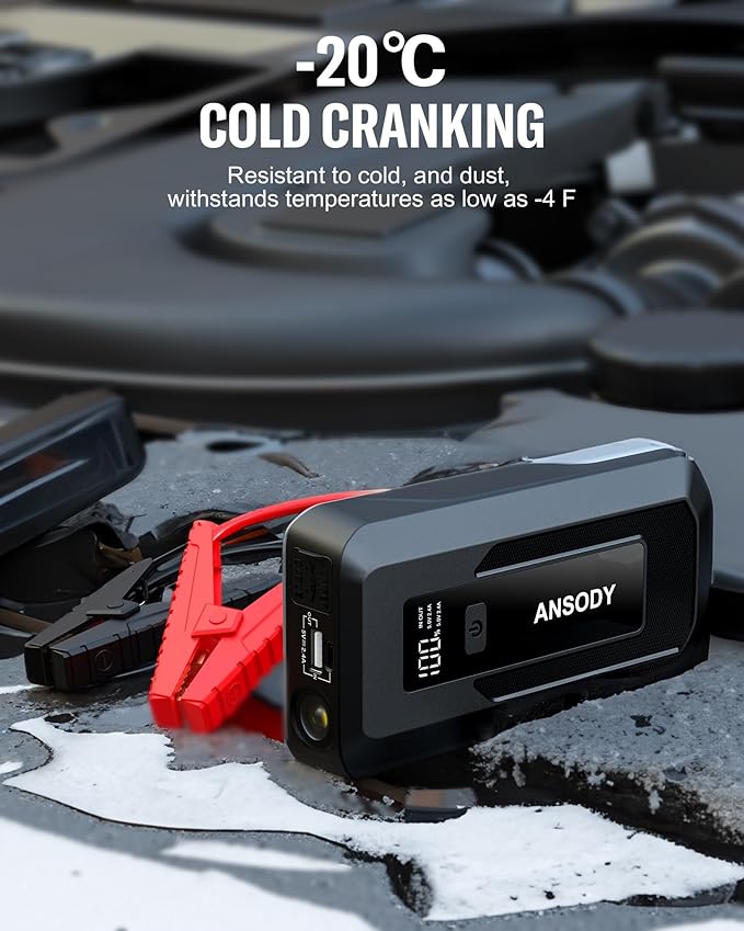 3000A Peak Car Jump Starter(Up to 10L Gas or 8L Diesel Engine), Battery Booster with Jump Leads, Built-in LED Floodlight & SOS, -20℃ Cold Cranking, Jump Box for 12V Pickup SUV Motorcycle