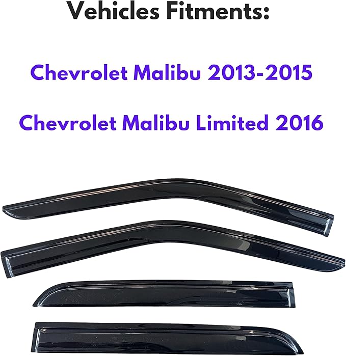 KPY Window Visor Compatible with Chevrolet Chevy Malibu 2013-2015 & Malibu Limited 2016, 4PC Rain Guard Side Window Vent Deflectors Tape-On Mugen Style, 2013 2014 2015 2016
