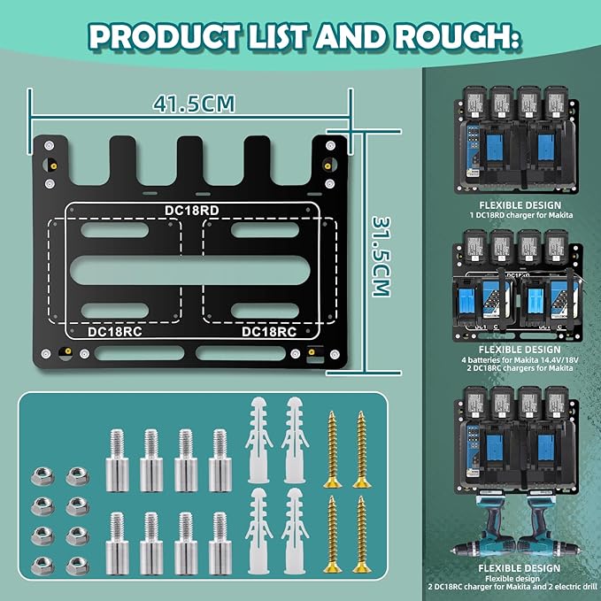 Battery Holder for Makita, Wall Mount for Makita DC18RC DC18RD Chargers, Suitable for Makita Battery Charger 14.4V/18V Batteries and 2 Drilling Screwdrivers, Storage in The Workshop and Garage