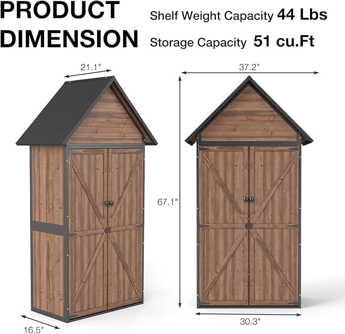 Outdoor Storage Shed with Waterproof Roof - Heavy-Duty Metal & Wood Garden Cabinet, Adjustable Shelves, Large Capacity Waterproof Design for Patio, Garage, Backyard (Dark Brown)