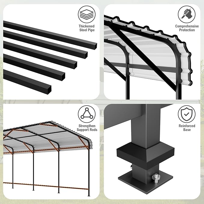 EBE 13' x 25' Metal Carport, Outdoor Steel Carport Canopy with Galvanized Steel Frame and Roof, Heavy Duty Garage Shelter Shade for Cars, Boats, and Truck