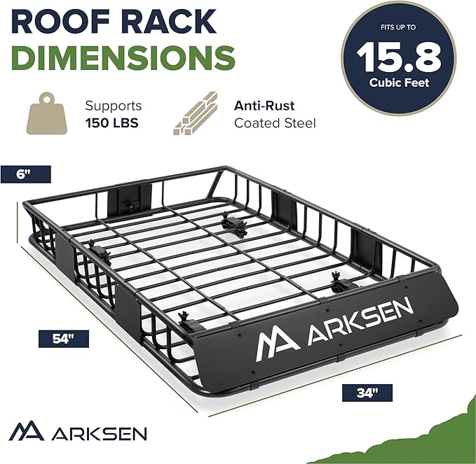 ARKSEN 54 x 34 x 6 Inch Universal Roof Rack with Extension, 600D Waterproof Bag, 2 Ratchet Straps&Net, 150 LBS Capacity Heavy Duty Rooftop Cargo Basket for SUV, Truck, RV, Pickup