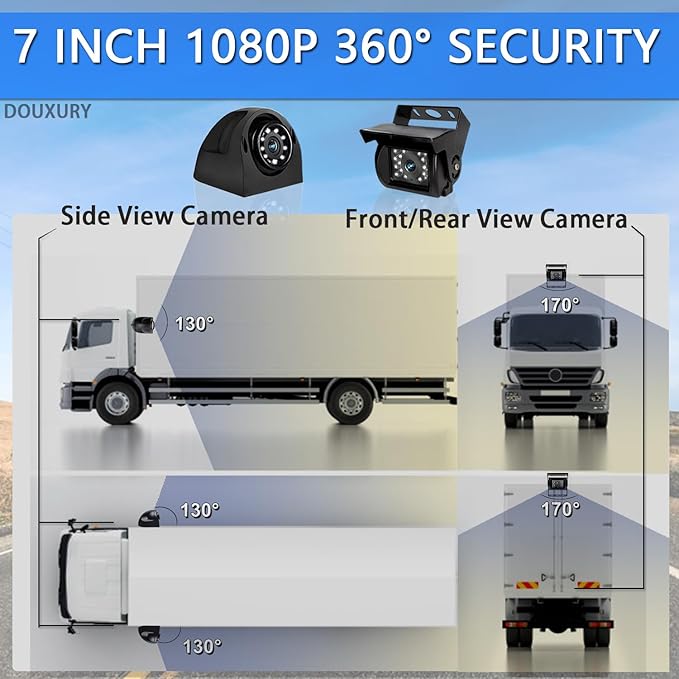 RV Backup Camera System with 7'' Quad Split 1080P Monitor for Truck Trailer Semi Camper Bus & 4 AHD Rear Side View Camera with DVR Record Function IP69 Waterproof Night Vision Avoid Blind Spot DOUXURY