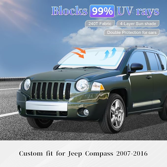 Sun Shade Sunshade for Jeep Compass Windshield Cover, 4-Layer Front Window Shade Custom fit Compass 2007-2016 Sun Visor 240T Retractable Shade Shield Blocks UV Rays Cooler Car Accessories