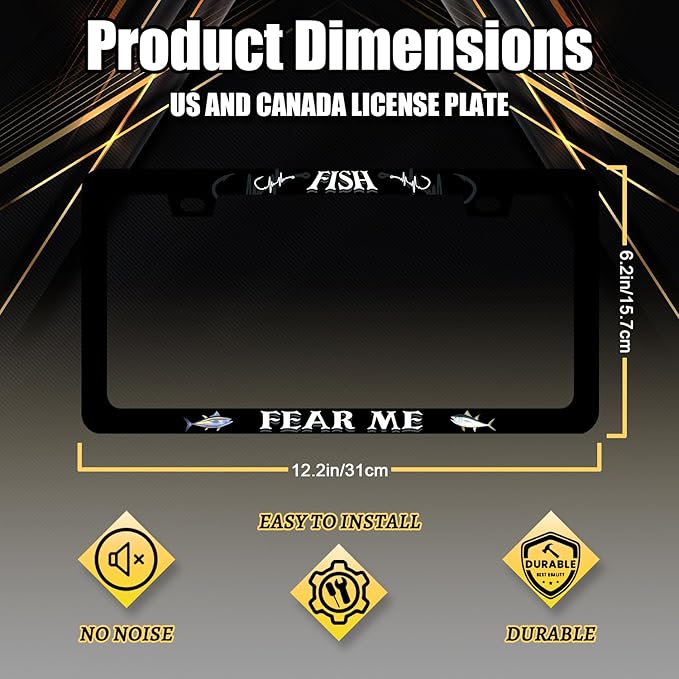 Fish License Plate Frame Fish Fear Me License Plate Holder for Personalized Car Decorative Stainless Steel Funny Text License Plate Fishing Auto Part Women Men with Screws 12.2" x 6.2"