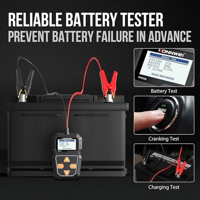 KONNWEI KW208 12V Car Battery Tester, 100-2000 CCA Load Tester Automotive Alternator Tester Digital Auto Battery Analyzer Charging Cranking System Tester for Truck Marine Motorcycle SUV Boat
