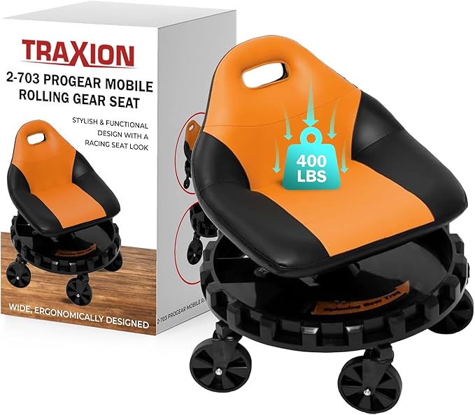 Traxion 400lb Capacity 2-703 Orange Progear Mobile Rolling Gear Seat with Black Carbon Fiber