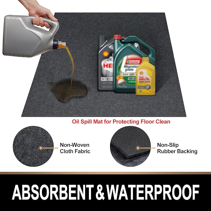 Oil Spill Mat, 7.4 x 8.4 Ft, Premium Absorbent Oil Pad. Contains Liquids, Protects Garage Floor from Spills, Drips, Splashes and Stains. Washable, Reusable, Waterproof Rubber Parking Mats
