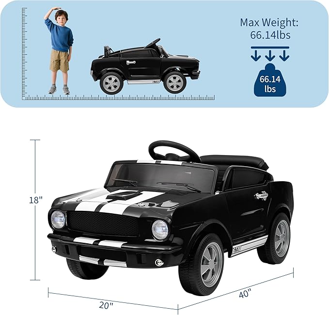 12V Ride on Car Licensed Shelby GT350, Battery Powered Ride On Toy for Toddlers with Remote Control, Electric Car for Kids, Bluetooth, Shock Absorbers, Safety Belt, 3 Speeds, LED Lights, Music, Black