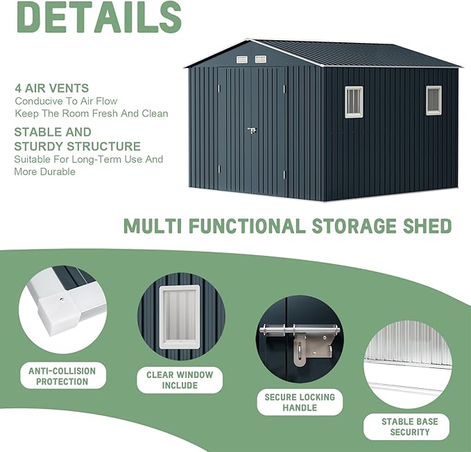 Breezz Outdoor Storage Shed 10X10FT. Utility Tool Shed Metal Storage Garden Shed with Lockable Doors, Windows & Metal Frame Floor for Patio Storage, Nightblue