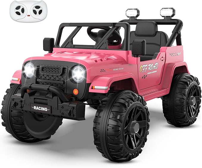 12V Ride On Truck Car with Remote Control, Kids Electric Vehicles with Bluetooth Music, Horn, 3 Speeds, 4 LED Lights, Soft Start, Ride-on Toy for Toddler Boys & Girls (Pink)