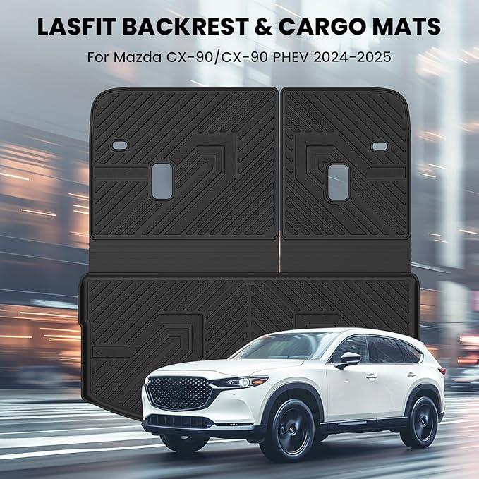 LASFIT Cargo Mat and Backrest Mat for Mazda CX-90 / CX 90 PHEV 2024 2025 7&8 Seats(Not for 6 Seats) TPE Custom Fit All Weather Trunk Mat Liner Waterproof CX90/CX90 PHEV Cargo Tray Accessories, Black