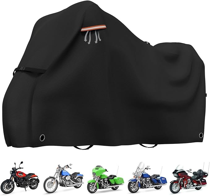 STARTWO Motorcycle Covers Waterproof Outdoor Storage Heavy Duty All Season Universal Vehicle Cover for Harley Davidson Sport, Cruisers, Softail, Adventure Series and Most Motorcycles 96"x43"x55" Black