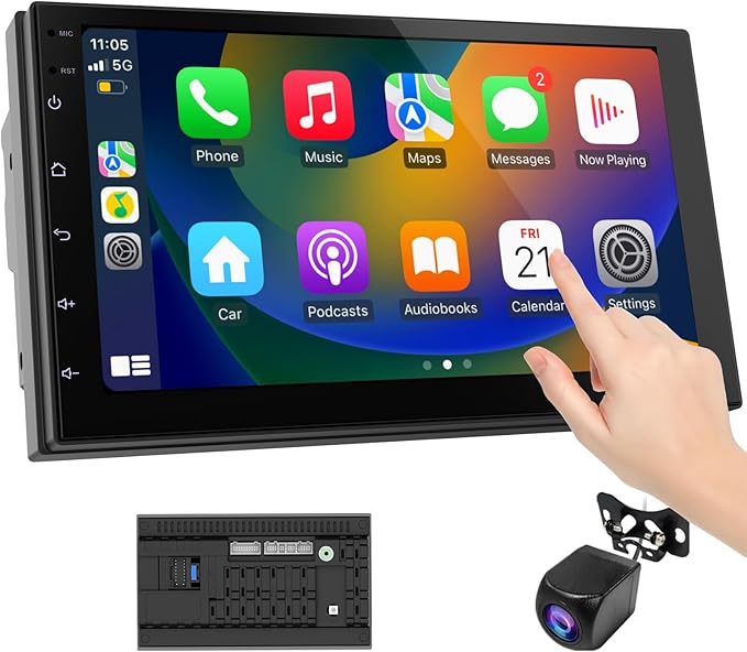 Wireless CarPlay Screen for Car & Android Auto Head Unit - Touchscreen 7 Inch Double Din Car Stereo with Backup Camera for All Cars (2+32GB)