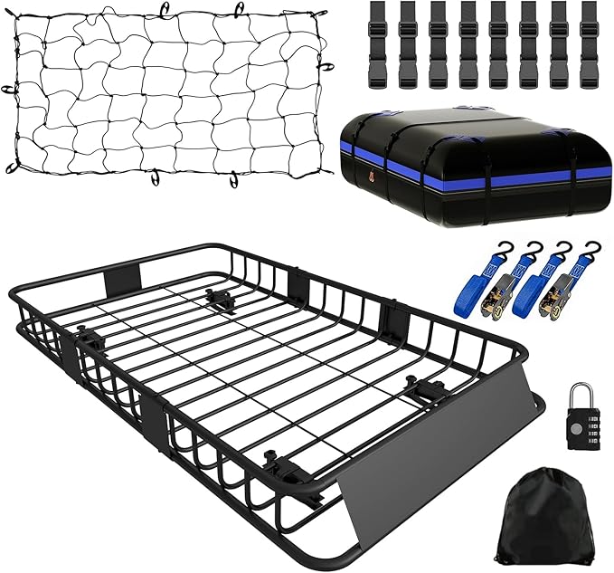 FORWODE Roof Rack Carrier Basket, 64" x 39" x 6" Rooftop Cargo Carrier with 250 lbs Capacity, Rust-Proof Steel Heavy Duty Car Top Luggage Basket with Waterproof Cargo Bag, Net and Straps