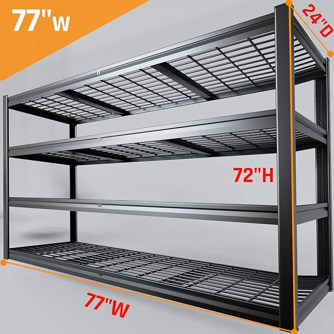 77" W Storage Shelves Heavy Duty Garage Shelving 4 Tier Metal Shelving Unit, Adjustable Shelves, 5000LBS Steel Industrial Shelving for Basement Warehouse Commercial, 77" W*24" D*72”H, Black