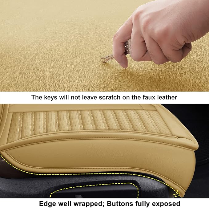 LINGVIDO Car Seat Covers, Breathable and Waterproof Faux Leather Automotive Seat Covers for Cars SUV Pick-up Truck Sedan,Universal Anti-Slip Driver Seat Cover with Backrest (Full Seat, Beige)