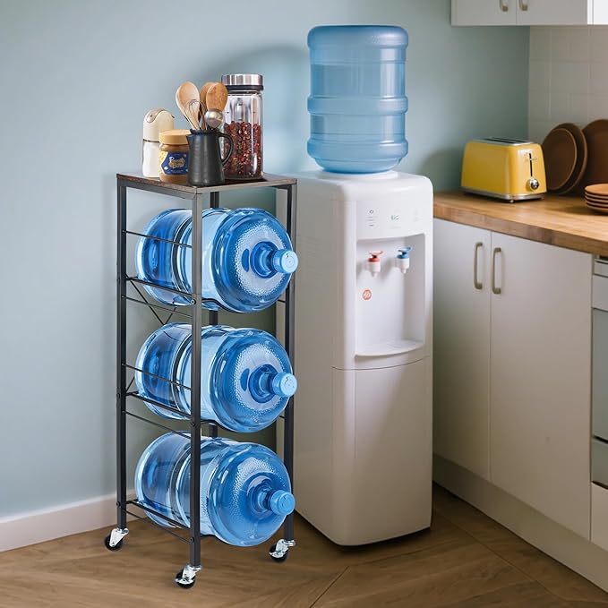3-Tier 5 Gallon Water Bottle Holder with Lockable Casters, Heavy Duty Water Jug Rack with Wood Top Shelf, Water Dispenser Stand for Kitchen, Office, Garage