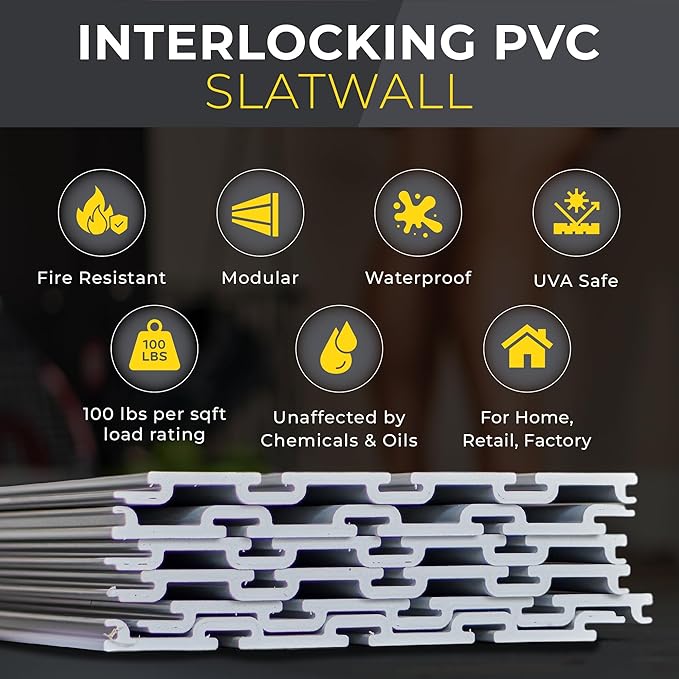 4'H x 4'W Slatwall Panel Garage Wall Organizer: Heavy Duty Wall Mounted PVC Wall Rack, Interlocking Slat Wall Paneling for Garage Wall Storage, Slatwall Board or Slatwall Shelves System - White