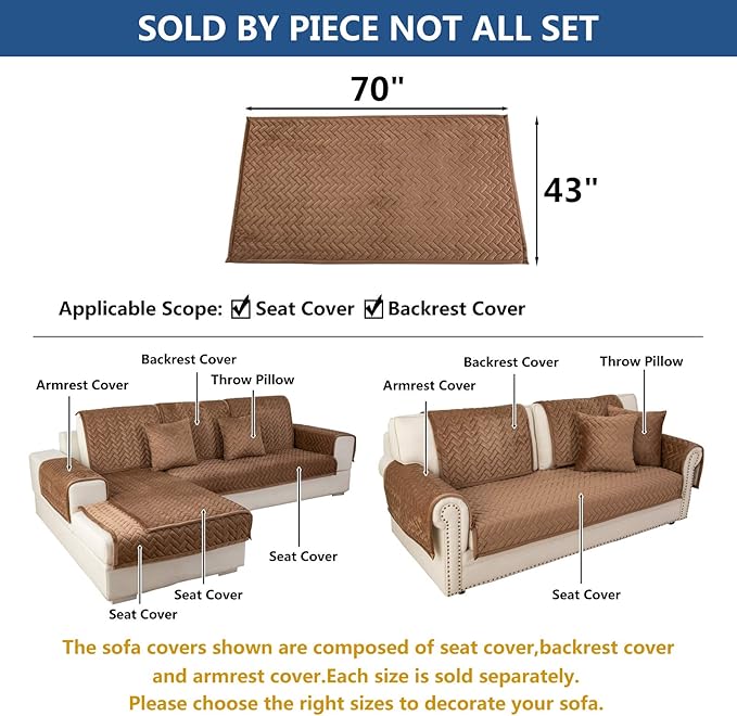 Eismodra Couch Cover,Sectional Couch Covers,Sofa Covers for 3 Cushion Couch,Anti-Slip Sofa Slipcovers for Dogs Cats Kids Loveseat Recliner L Shaped Armrest Backrest,Brown 43''x70''(Only 1 Piece)